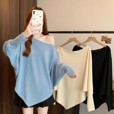 FA55880# 春装新款胖mm大码女时尚设计感慵懒风露肩显瘦蝙蝠袖上衣 服裝批發女裝批發服飾貨源