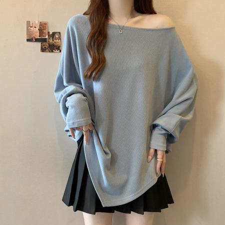 FA55880# 春装新款胖mm大码女时尚设计感慵懒风露肩显瘦蝙蝠袖上衣 服裝批發女裝批發服飾貨源