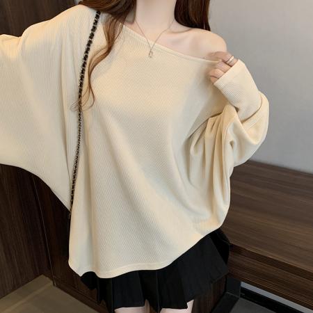 FA55880# 春装新款胖mm大码女时尚设计感慵懒风露肩显瘦蝙蝠袖上衣 服裝批發女裝批發服飾貨源