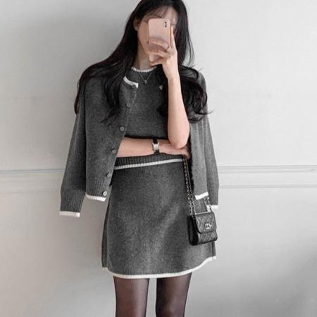 FA55883# 春新款针织套装女开衫套头短袖毛衣半身裙时尚慵懒风三件套 服裝批發女裝批發服飾貨源