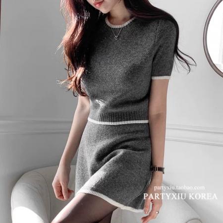 FA55883# 春新款针织套装女开衫套头短袖毛衣半身裙时尚慵懒风三件套 服裝批發女裝批發服飾貨源