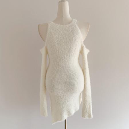 FA55884# 春新款ins气质纯欲修身显瘦露肩不规则针织连衣裙毛衣 服裝批發女裝批發服飾貨源