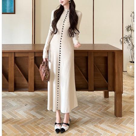 FA55885# 春新款针织连衣裙半高领软糯单排扣韩版气质修身百搭打底裙 服裝批發女裝批發服飾貨源