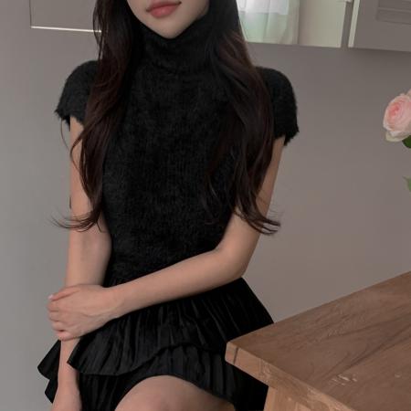 FA55886# 初春新品韩版高领貂毛修身短款无袖背心毛衣 服裝批發女裝批發服飾貨源