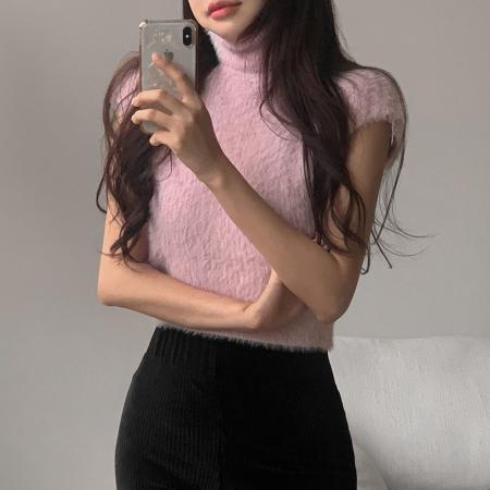 FA55886# 初春新品韩版高领貂毛修身短款无袖背心毛衣 服裝批發女裝批發服飾貨源