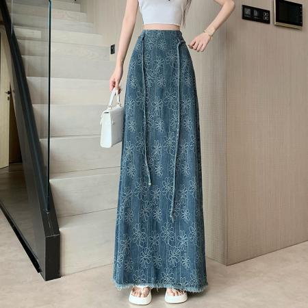 FA55887# 复古提花刺绣牛仔半身裙女夏季系带高腰设计感毛边后开叉包臀长裙 服裝批發女裝批發服飾貨源