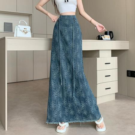 FA55887# 复古提花刺绣牛仔半身裙女夏季系带高腰设计感毛边后开叉包臀长裙 服裝批發女裝批發服飾貨源