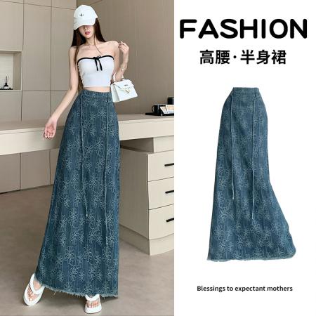 FA55887# 复古提花刺绣牛仔半身裙女夏季系带高腰设计感毛边后开叉包臀长裙 服裝批發女裝批發服飾貨源