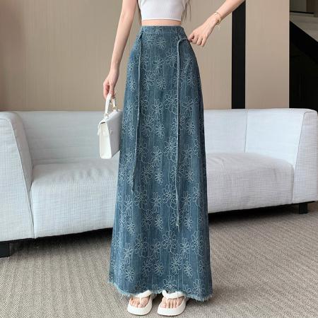 FA55887# 复古提花刺绣牛仔半身裙女夏季系带高腰设计感毛边后开叉包臀长裙 服裝批發女裝批發服飾貨源