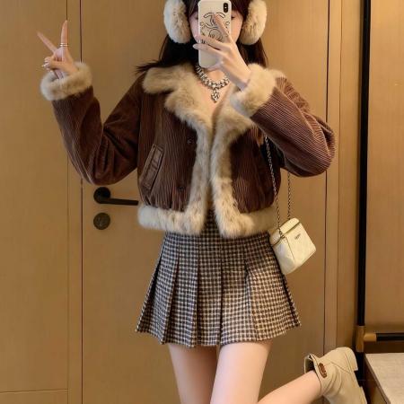 FA55893# 新款冬季复古风皮毛一体大毛领仿兔毛加厚短款外套女 服裝批發女裝批發服飾貨源