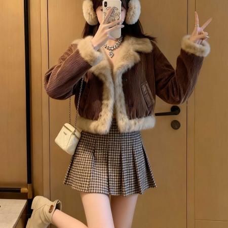 FA55893# 新款冬季复古风皮毛一体大毛领仿兔毛加厚短款外套女 服裝批發女裝批發服飾貨源