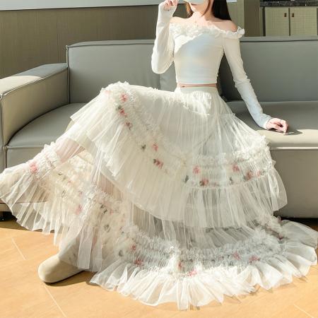 FA55909# 木耳边网纱百褶蛋糕裙半身裙女春季高腰显瘦a字大摆长裙 服裝批發女裝批發服飾貨源