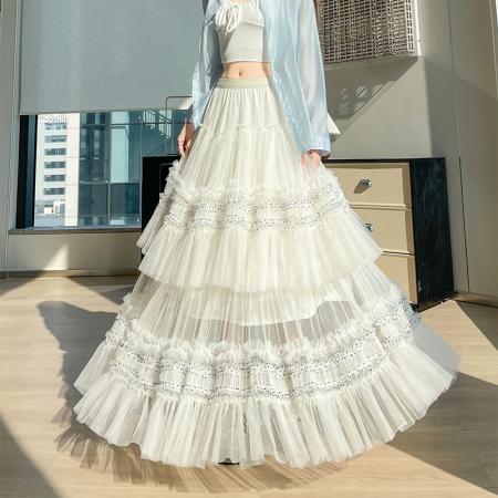 FA55909# 木耳边网纱百褶蛋糕裙半身裙女春季高腰显瘦a字大摆长裙 服裝批發女裝批發服飾貨源