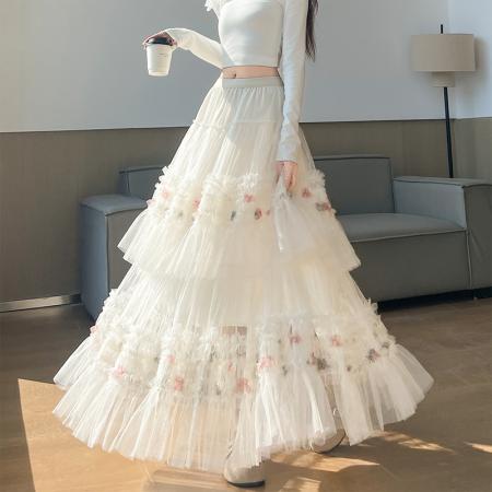 FA55909# 木耳边网纱百褶蛋糕裙半身裙女春季高腰显瘦a字大摆长裙 服裝批發女裝批發服飾貨源