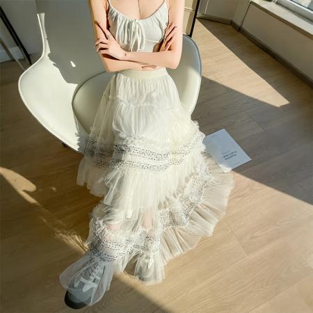 FA55909# 木耳边网纱百褶蛋糕裙半身裙女春季高腰显瘦a字大摆长裙 服裝批發女裝批發服飾貨源