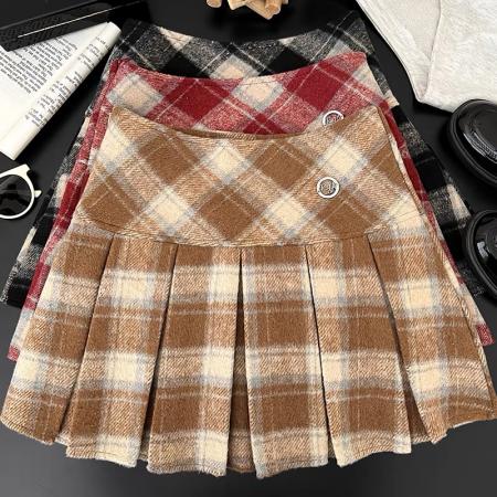 FA55923# 复古百搭撞色格纹高腰显瘦毛呢半身裙防走光短裙百褶裙a字裙女 服裝批發女裝批發服飾貨源