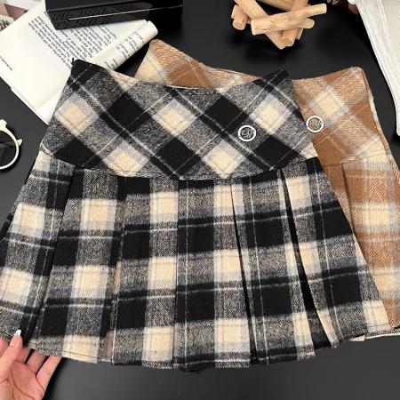 FA55923# 复古百搭撞色格纹高腰显瘦毛呢半身裙防走光短裙百褶裙a字裙女 服裝批發女裝批發服飾貨源