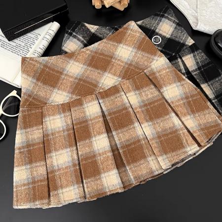 FA55923# 复古百搭撞色格纹高腰显瘦毛呢半身裙防走光短裙百褶裙a字裙女 服裝批發女裝批發服飾貨源