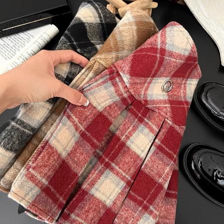 FA55923# 复古百搭撞色格纹高腰显瘦毛呢半身裙防走光短裙百褶裙a字裙女 服裝批發女裝批發服飾貨源