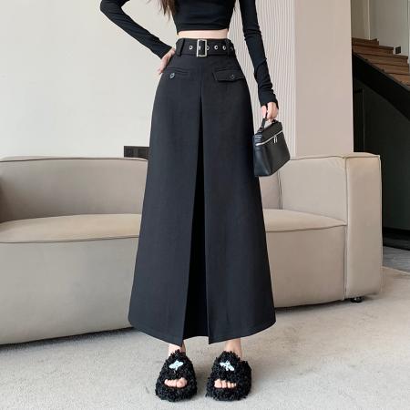 FA55937# 黑色褶皱设计感百搭气质半身裙女高腰显瘦中长款裙子春秋新款 服裝批發女裝批發服飾貨源