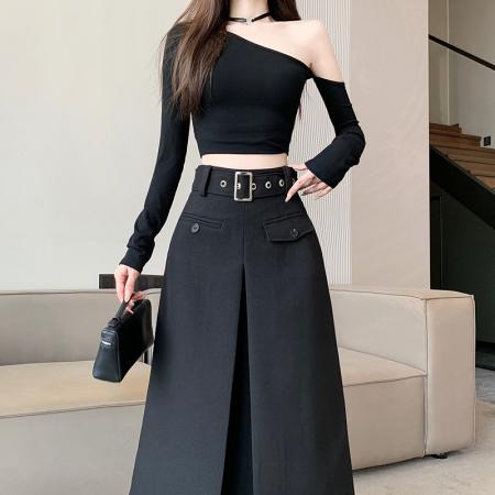 FA55937# 黑色褶皱设计感百搭气质半身裙女高腰显瘦中长款裙子春秋新款 服裝批發女裝批發服飾貨源