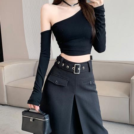 FA55937# 黑色褶皱设计感百搭气质半身裙女高腰显瘦中长款裙子春秋新款 服裝批發女裝批發服飾貨源