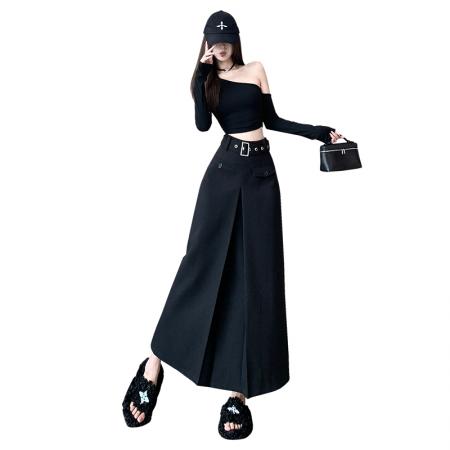 FA55937# 黑色褶皱设计感百搭气质半身裙女高腰显瘦中长款裙子春秋新款 服裝批發女裝批發服飾貨源