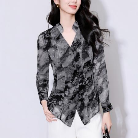 FA55942# 雪纺长袖衬衫女春季新款设计感气质v领职业上衣显瘦别致 服裝批發女裝批發服飾貨源