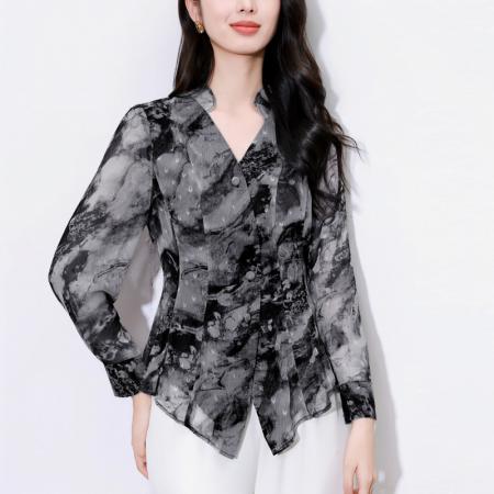 FA55942# 雪纺长袖衬衫女春季新款设计感气质v领职业上衣显瘦别致 服裝批發女裝批發服飾貨源