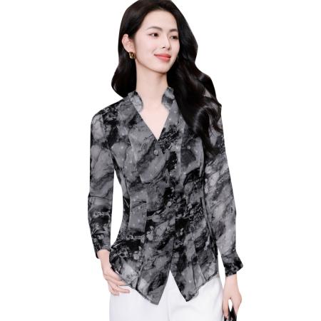 FA55942# 雪纺长袖衬衫女春季新款设计感气质v领职业上衣显瘦别致 服裝批發女裝批發服飾貨源