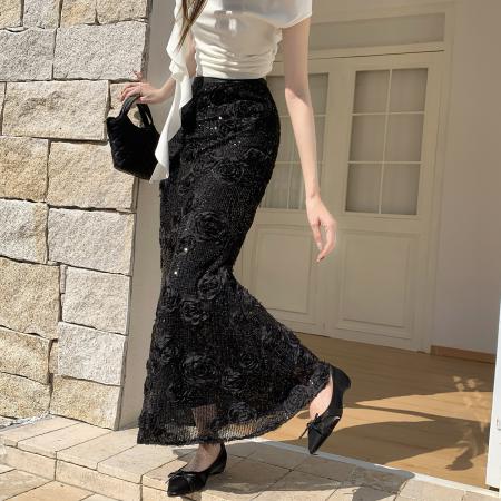 FA55946# 春季新款小香风立体花裙子浪漫法式花朵长裙一步裙亮片鱼尾裙 服裝批發女裝批發服飾貨源