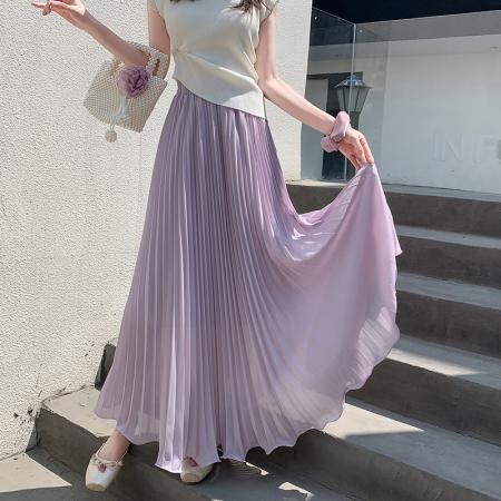 FA55947# 春装新款雪纺百褶裙垂坠感波浪边半身裙木耳边压褶大摆a字 服裝批發女裝批發服飾貨源