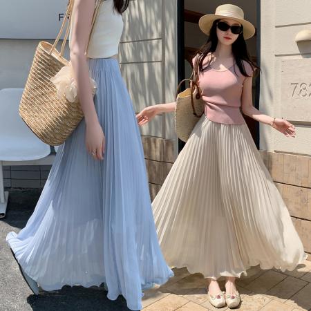 FA55947# 春装新款雪纺百褶裙垂坠感波浪边半身裙木耳边压褶大摆a字 服裝批發女裝批發服飾貨源