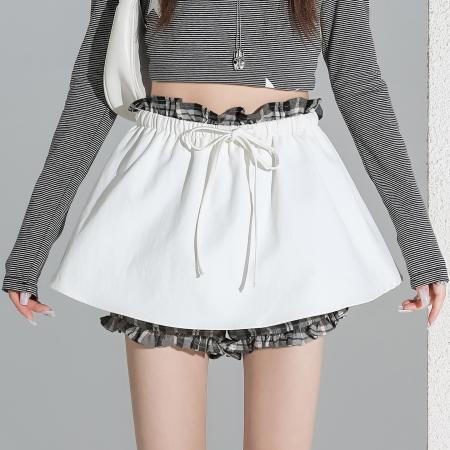 FA55948# 甜酷辣妹休闲百搭苞裙裤女小众别致甜美拼接撞色花边短裙 服裝批發女裝批發服飾貨源