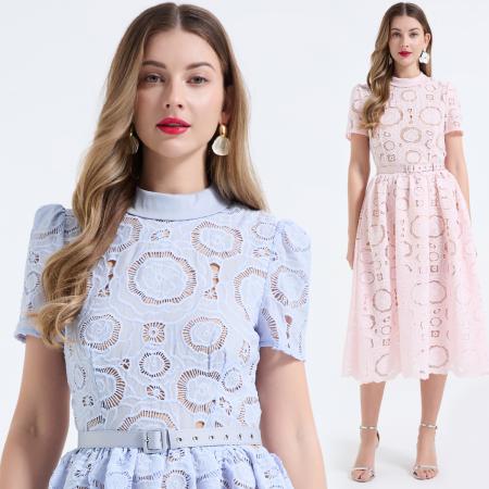 重工蕾丝立体镂空花朵蕾丝拼接撞色修身连衣长裙 服裝批發女裝批發服飾貨源