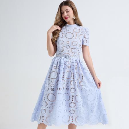 重工蕾丝立体镂空花朵蕾丝拼接撞色修身连衣长裙 服裝批發女裝批發服飾貨源