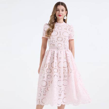 重工蕾丝立体镂空花朵蕾丝拼接撞色修身连衣长裙 服裝批發女裝批發服飾貨源