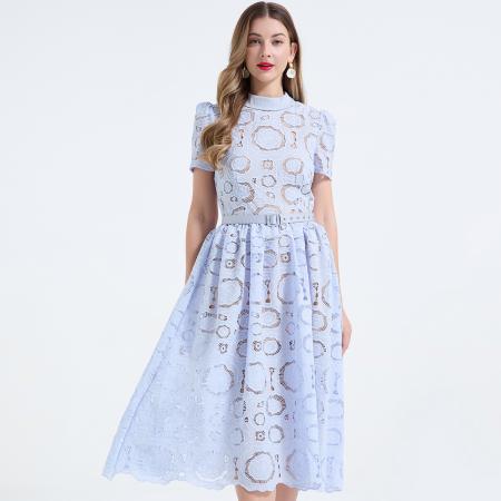 重工蕾丝立体镂空花朵蕾丝拼接撞色修身连衣长裙 服裝批發女裝批發服飾貨源