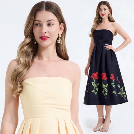 FA55950# 时尚名媛玫瑰花印花抹胸连衣裙立体收褶修身高腰长裙 服裝批發女裝批發服飾貨源