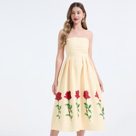 时尚名媛玫瑰花印花抹胸连衣裙立体收褶修身高腰长裙 服裝批發女裝批發服飾貨源