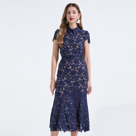 重工蕾丝立体镂空花朵蕾丝拼接衬衫领修身鱼尾连衣裙 服裝批發女裝批發服飾貨源