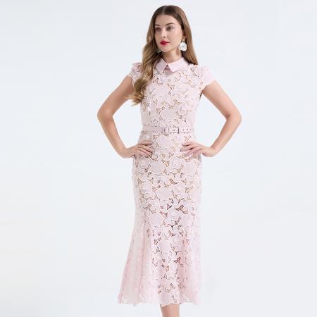 重工蕾丝立体镂空花朵蕾丝拼接衬衫领修身鱼尾连衣裙 服裝批發女裝批發服飾貨源