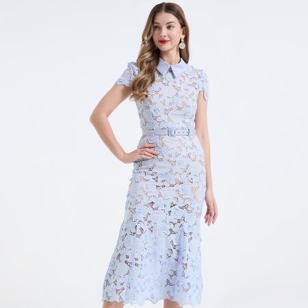 重工蕾丝立体镂空花朵蕾丝拼接衬衫领修身鱼尾连衣裙 服裝批發女裝批發服飾貨源