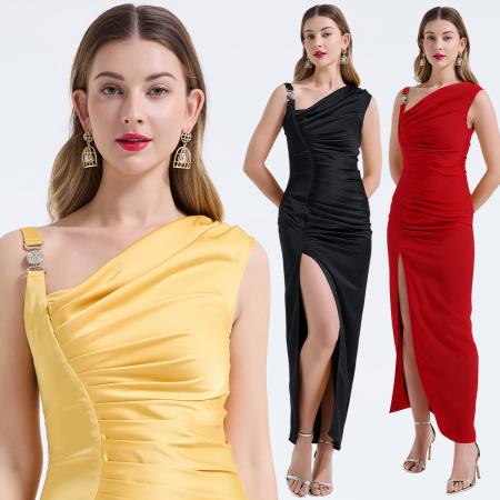 春夏新品醋酸缎面不对称设计剪裁包臀连体裙立体褶皱裙 服裝批發女裝批發服飾貨源