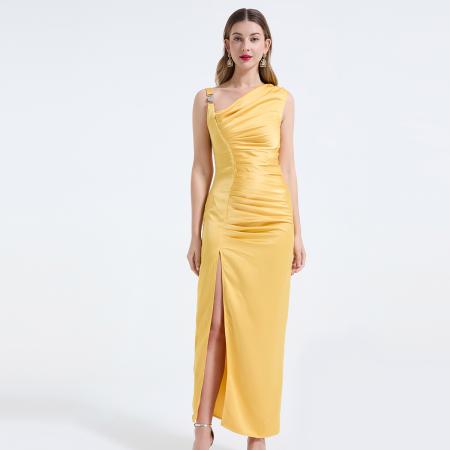 春夏新品醋酸缎面不对称设计剪裁包臀连体裙立体褶皱裙 服裝批發女裝批發服飾貨源