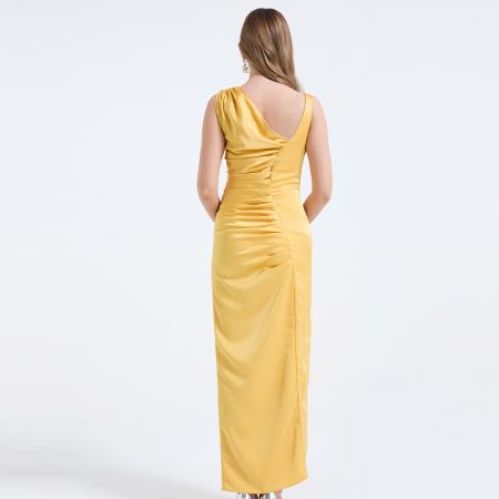 春夏新品醋酸缎面不对称设计剪裁包臀连体裙立体褶皱裙 服裝批發女裝批發服飾貨源