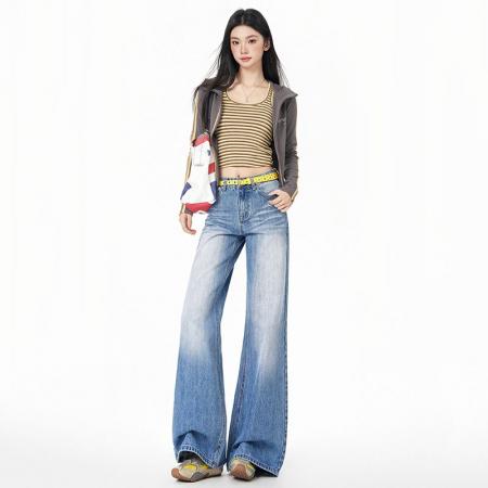 FA55964# 美式复高腰辣妹宽松喇叭裤垂感拖地春夏百搭显瘦牛仔裤女 服裝批發女裝批發服飾貨源