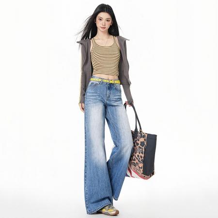 FA55964# 美式复高腰辣妹宽松喇叭裤垂感拖地春夏百搭显瘦牛仔裤女 服裝批發女裝批發服飾貨源