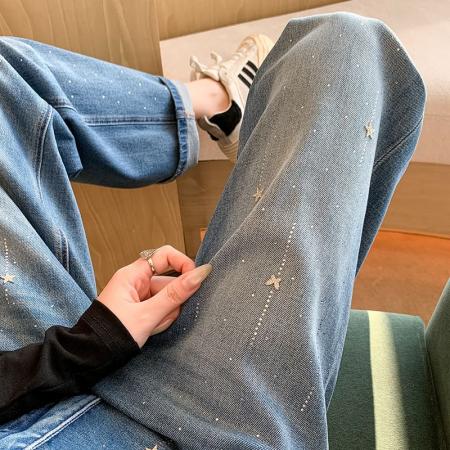 FA55965# 星星烫钻牛仔裤女新款春季设计感高腰直筒小个子阔腿裤 服裝批發女裝批發服飾貨源