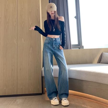 FA55965# 星星烫钻牛仔裤女新款春季设计感高腰直筒小个子阔腿裤 服裝批發女裝批發服飾貨源